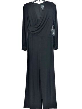 Adrianna Papell Black Matte Jersey Jumpsuit Womens 2 Surplice Bodice New